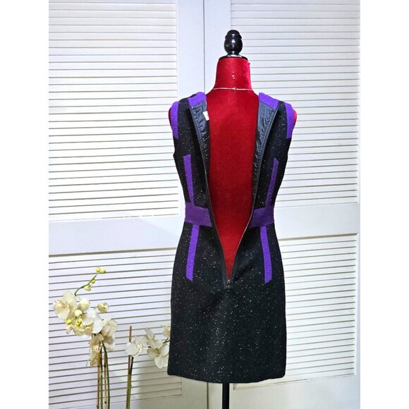 Milly Women's Black Purple Wool Blend Trim Tweed Shift Dress Size 2 2573 - Picture 6 of 10